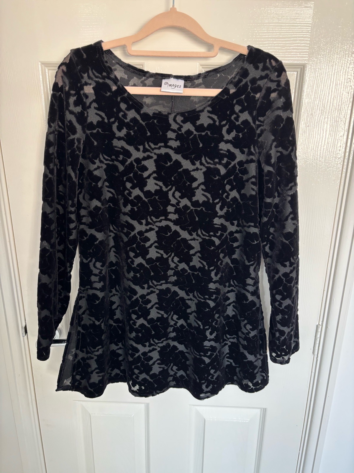 Black velvet floral long sleeve peplum top