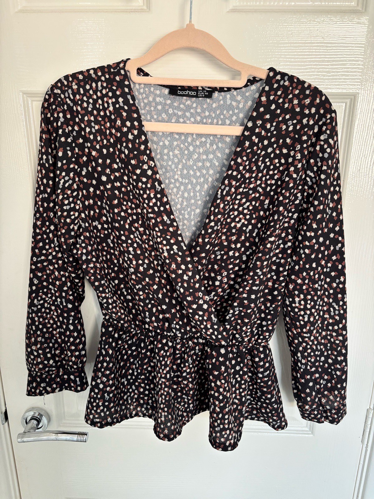 Boohoo Black and Brown Spotty Peplum Blouse Top