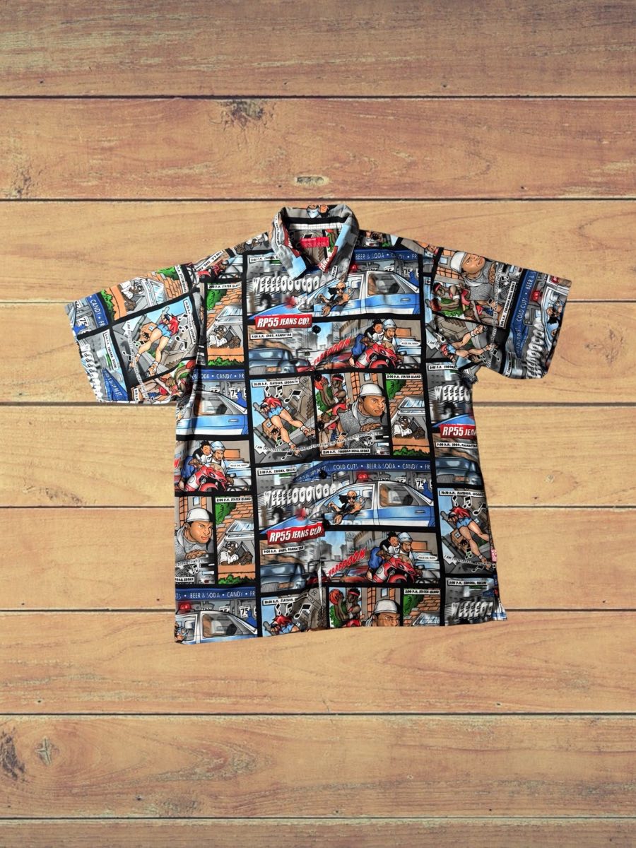 Y2K Vintage RP55 Jeans Co Comic Print Shirt Large Brooklyn Graphic Streetwear Retro