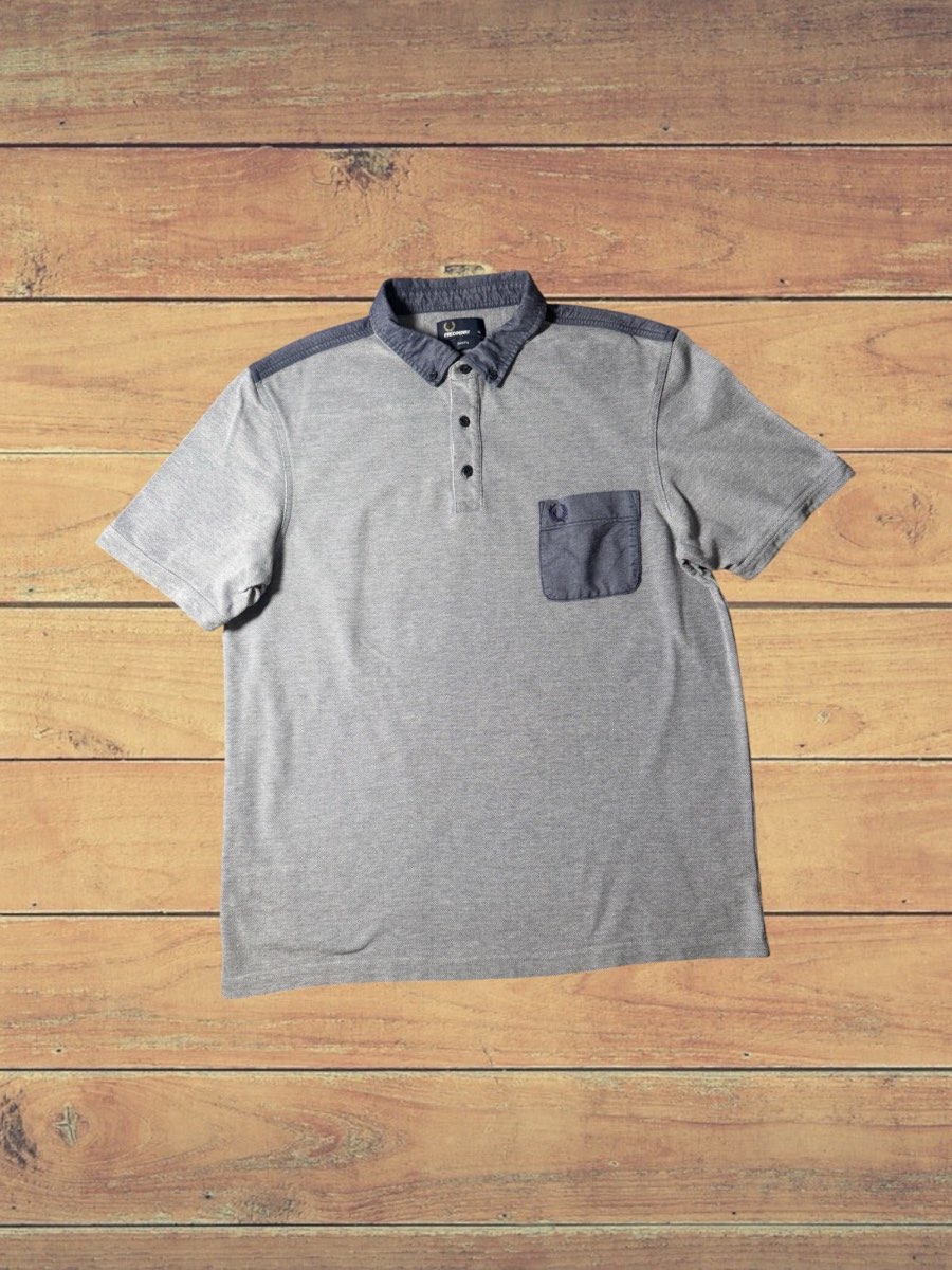 Fred Perry Polo Shirt XL Slim Fit Grey Navy Laurel Wreath Pocket Cotton