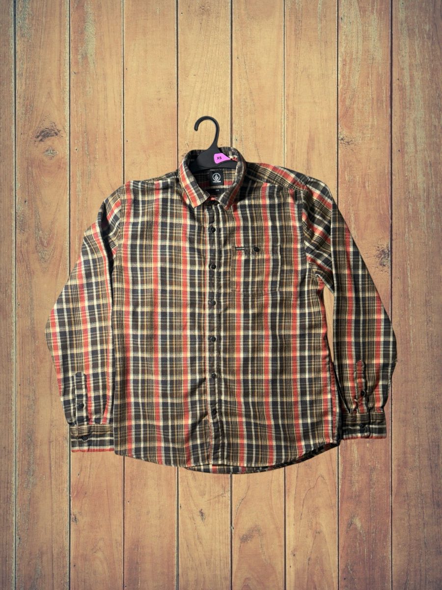 Volcom Flannel Shirt Medium Brown Red Yellow Plaid Check Skate Cotton Long Sleeve