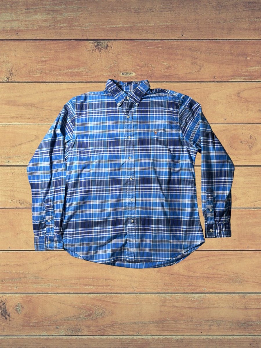 Polo Ralph Lauren Slim Fit Oxford Stretch Shirt XL Blue Plaid Pony Cotton