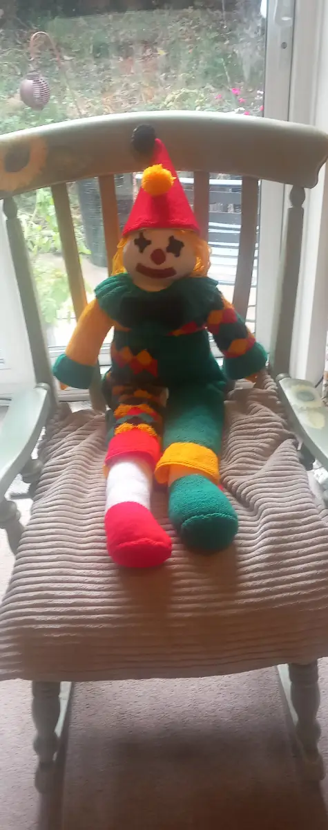 Knitted clown,hand made,multi coloured 93 cm