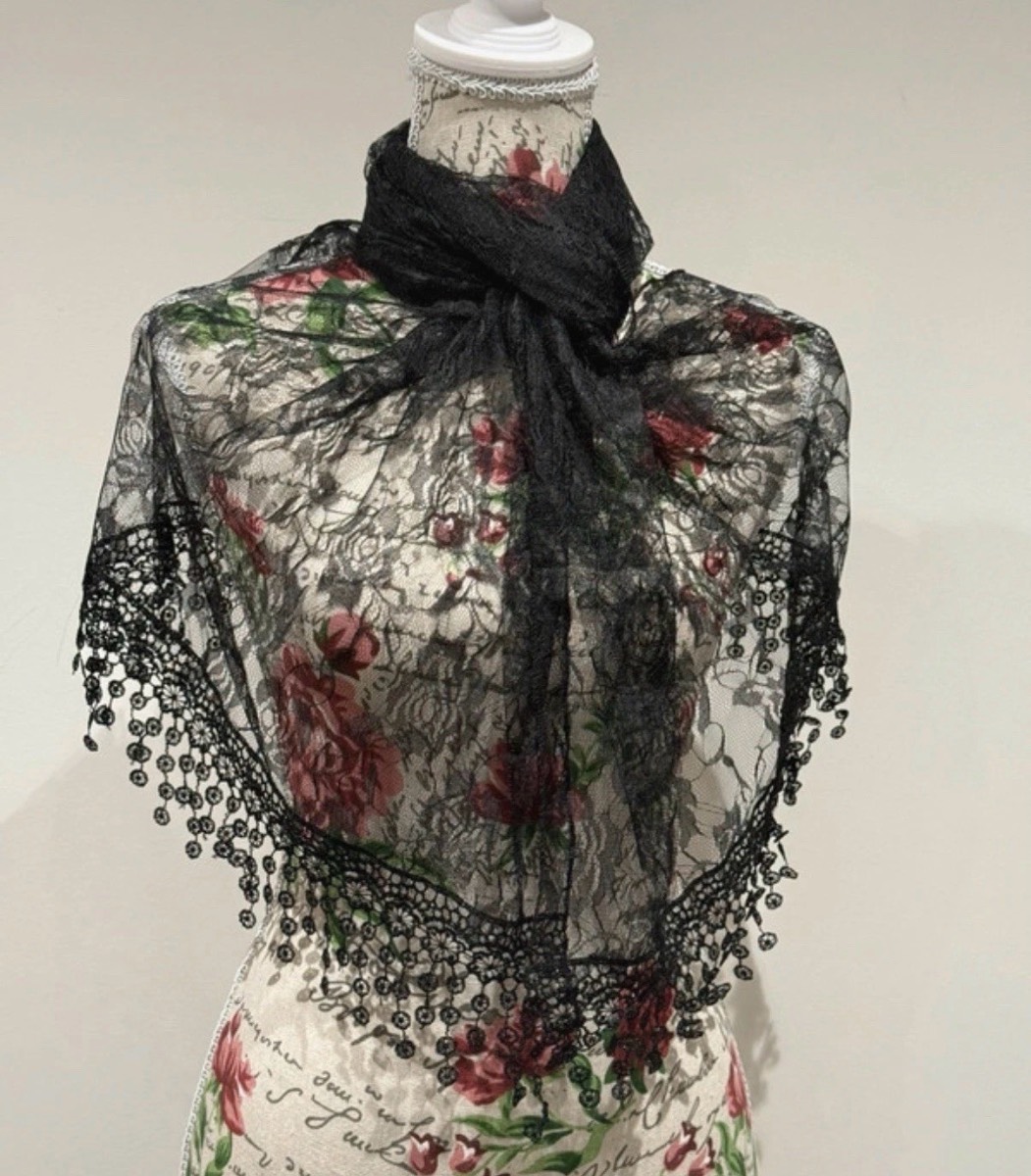Elegant Black Floral Lace Scarf for Women