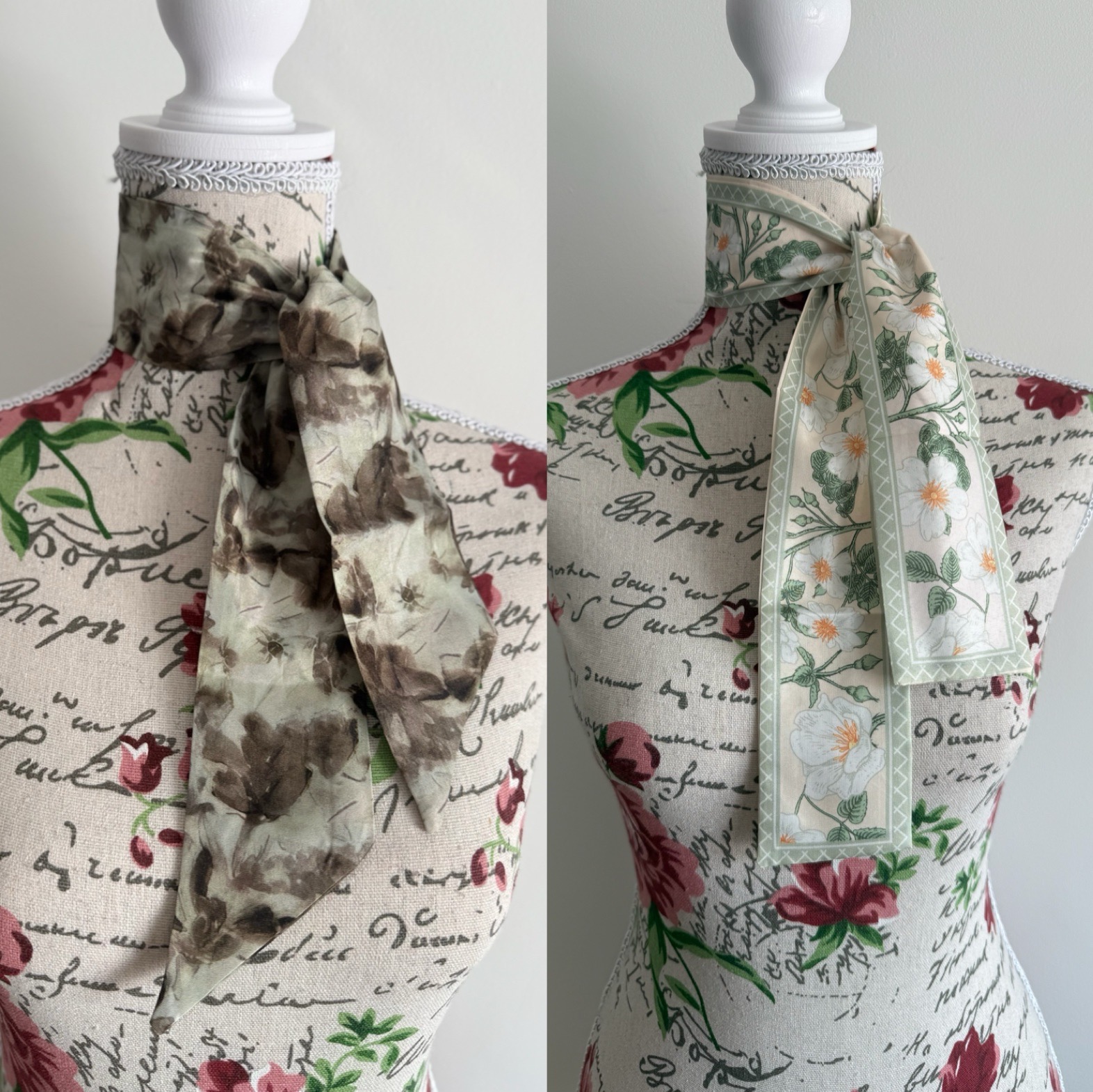 🌿🤎 Set of 2 – Brown & Green Floral Retro Scarves