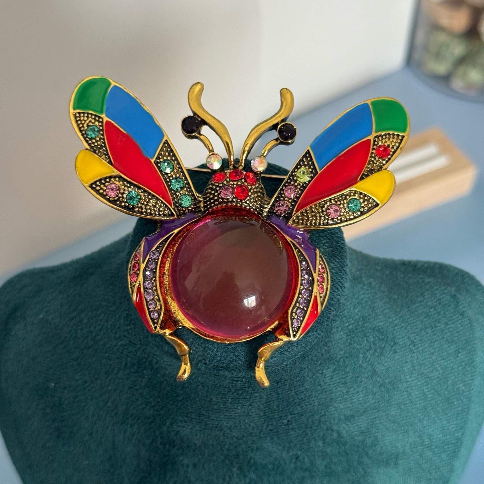 Multicoloured enamel and rhinestone bee brooch