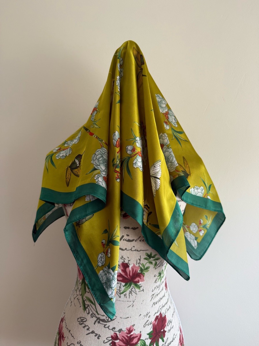 Yellow scarf with floral and butterfly print