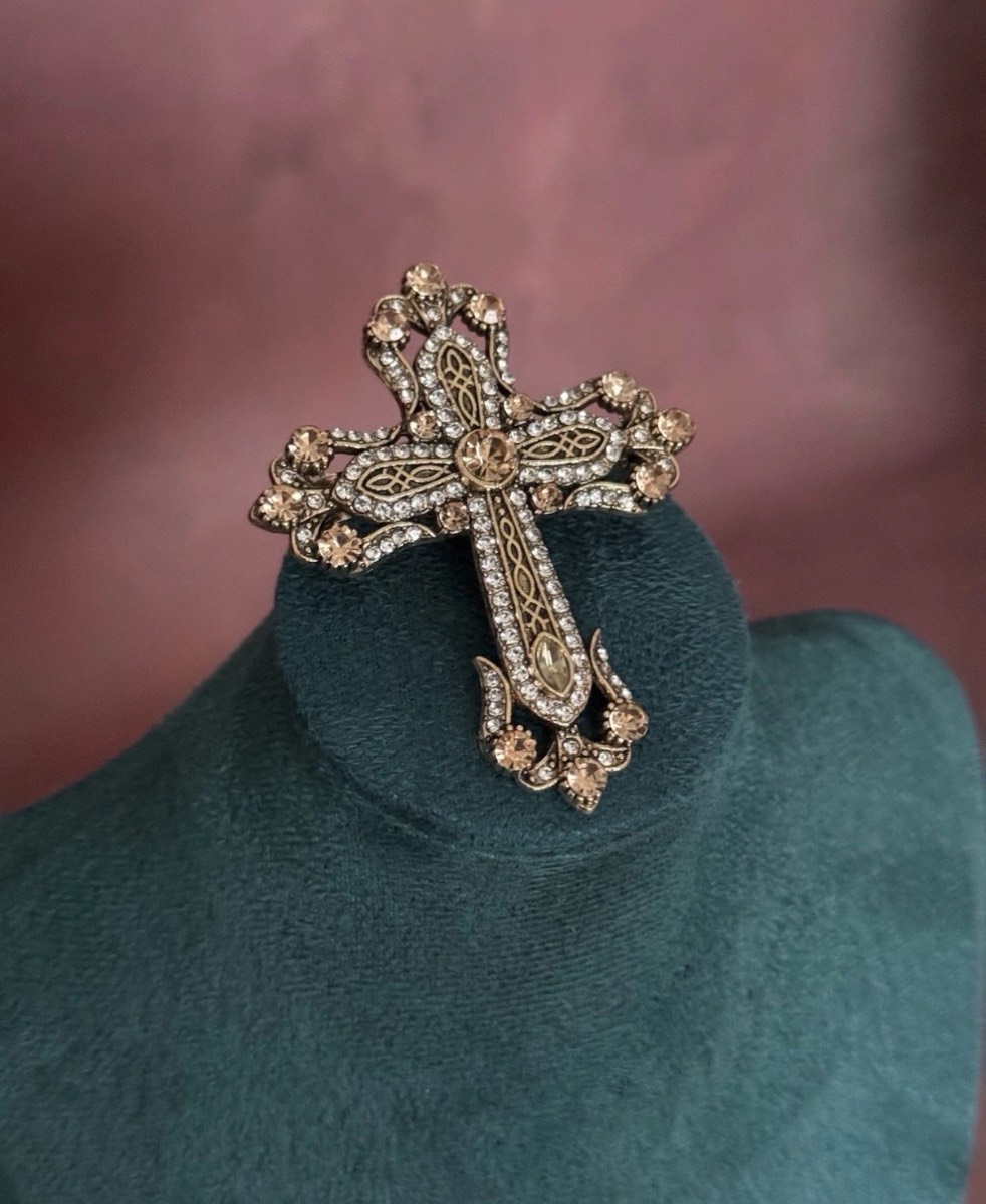 Retro-Style Rhinestone Cross Brooch