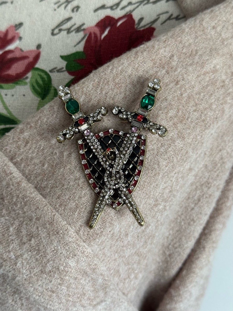 Sword & Shield Rhinestone Brooch