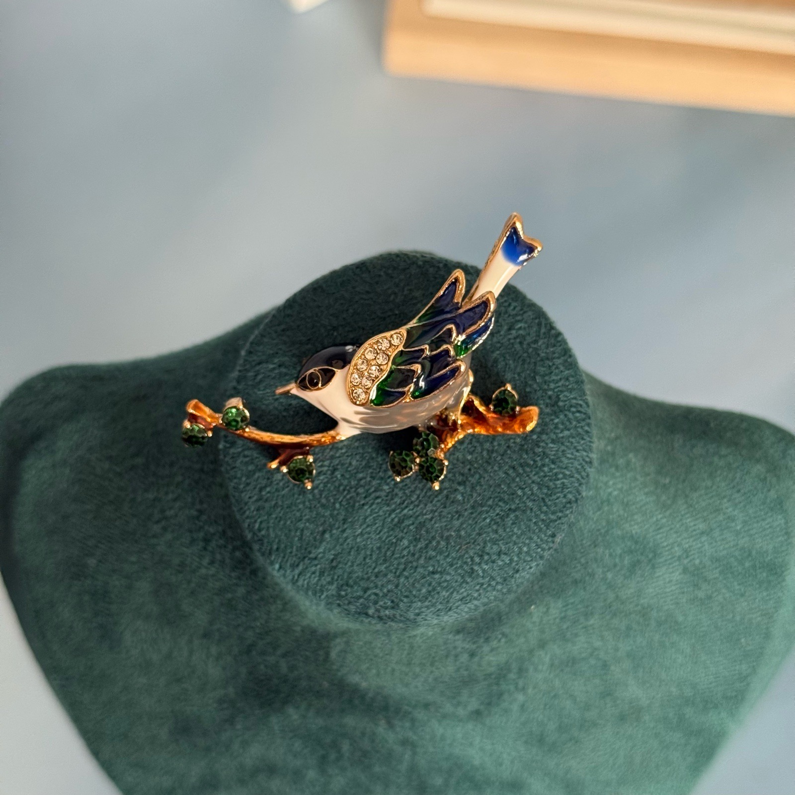 Enamel bird brooch with rhinestone