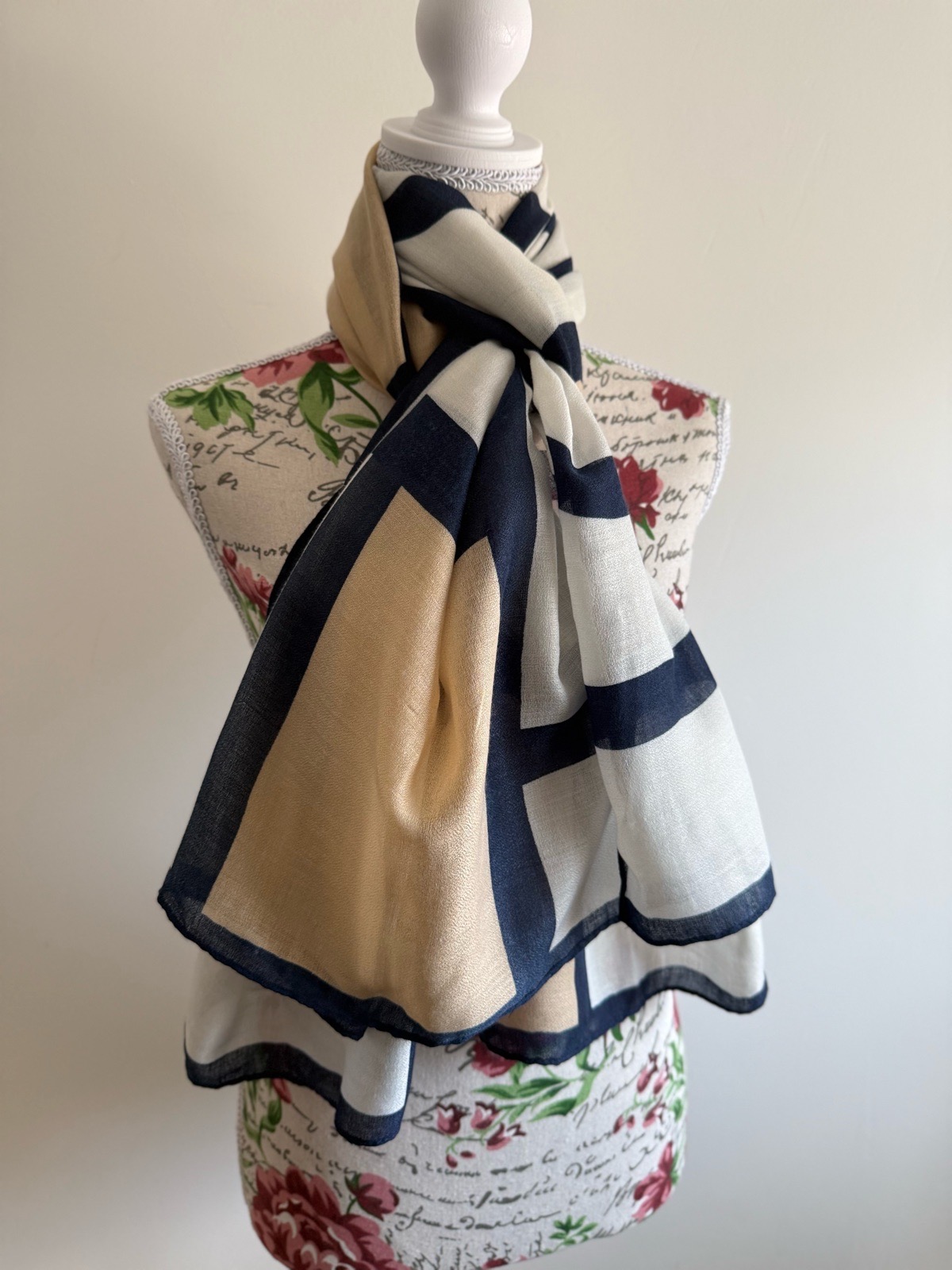 Navy and cream striped scarf