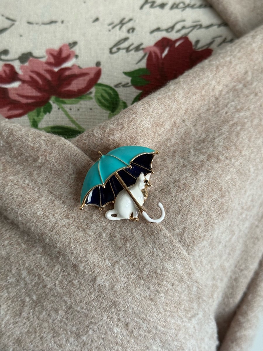 White Cat with Blue Umbrella Enamel Brooch