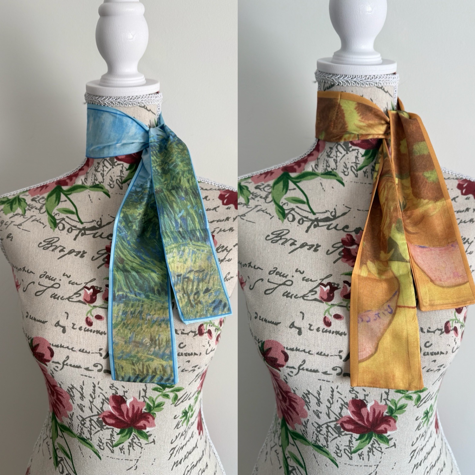 🌻💙 Set of 2 – Artistic Sunflower & Blue Landscape Scarfs