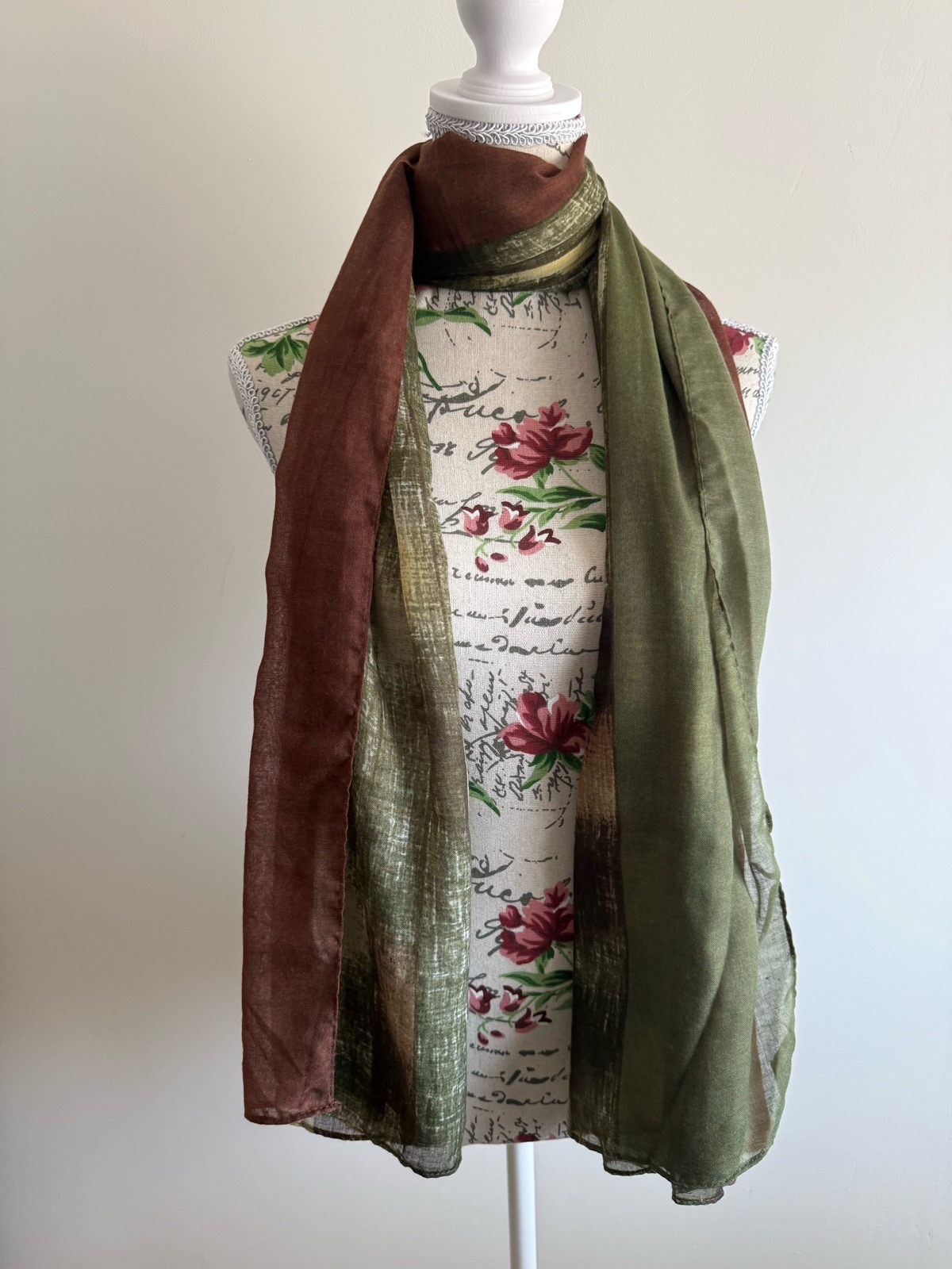 Green and brown scarf with a boho vibe