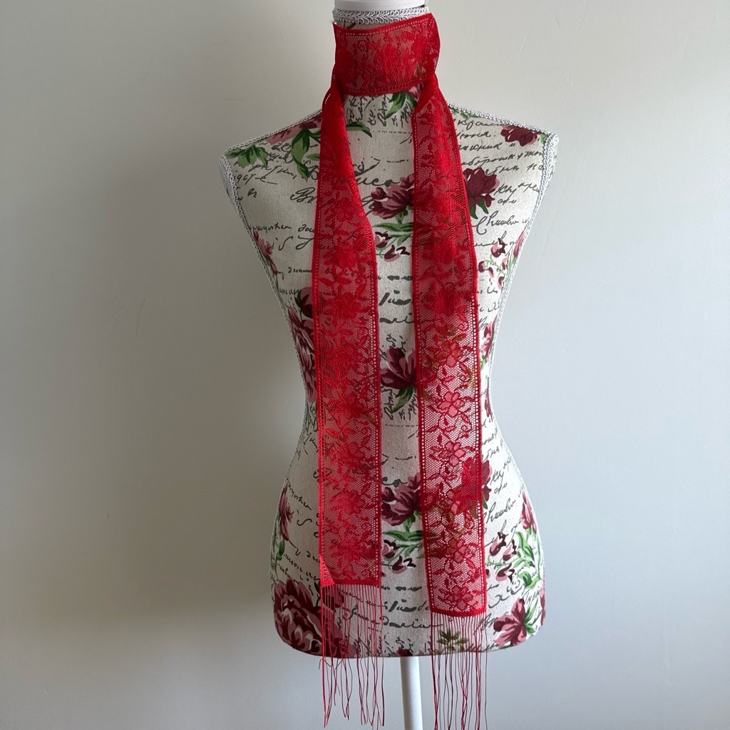 Vintage-Style Red Lace Scarf with Fringe