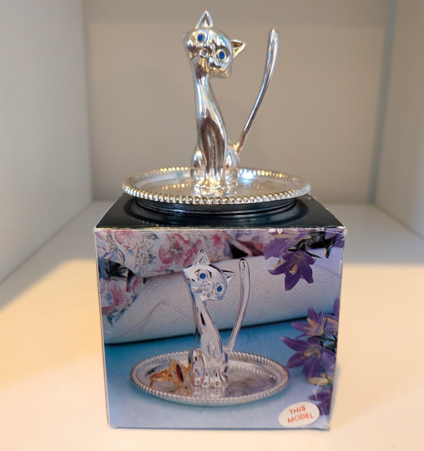 Vintage Silver Plated Cat Ring Holder Jewellery Organiser Trinket Dish with Box