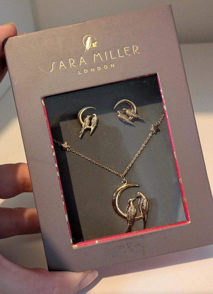 Sara Miller London Love Birds Moon Necklace & Earrings Set Gold