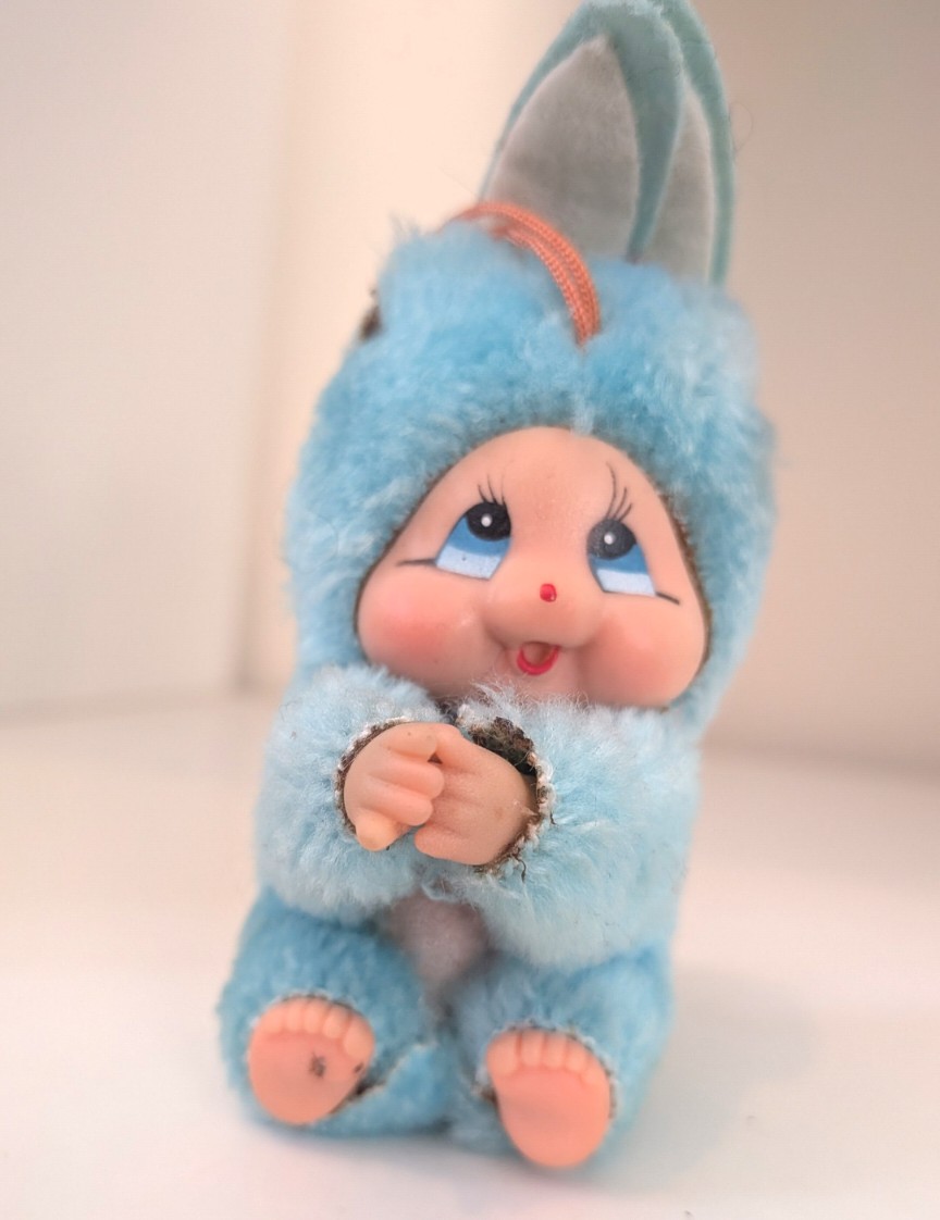 Vintage Monchhichi Blue Bunny Mascot Plush Keyring Sekiguchi Kawaii Retro