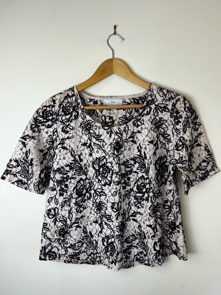 NEXT Black & Pink Floral Lace Top / Blouse - Size 14