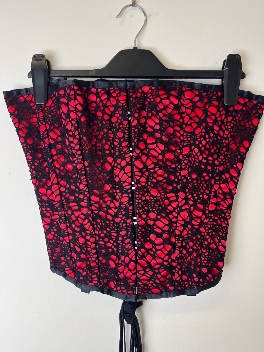 Authentic Vollers Steel Boned Overbust Corset | Red Satin & Black Mesh | Size 28