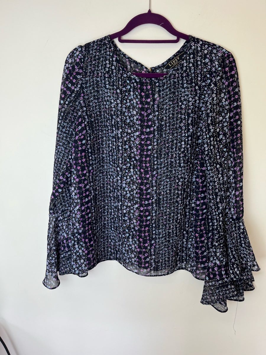 Lipsy London Black Floral Chiffon Blouse Bell Sleeve Sheer Top UK 16
