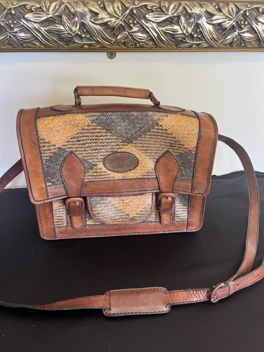 Vintage Leather & Woven Rattan Crossbody Satchel Bag (Batik Lining)