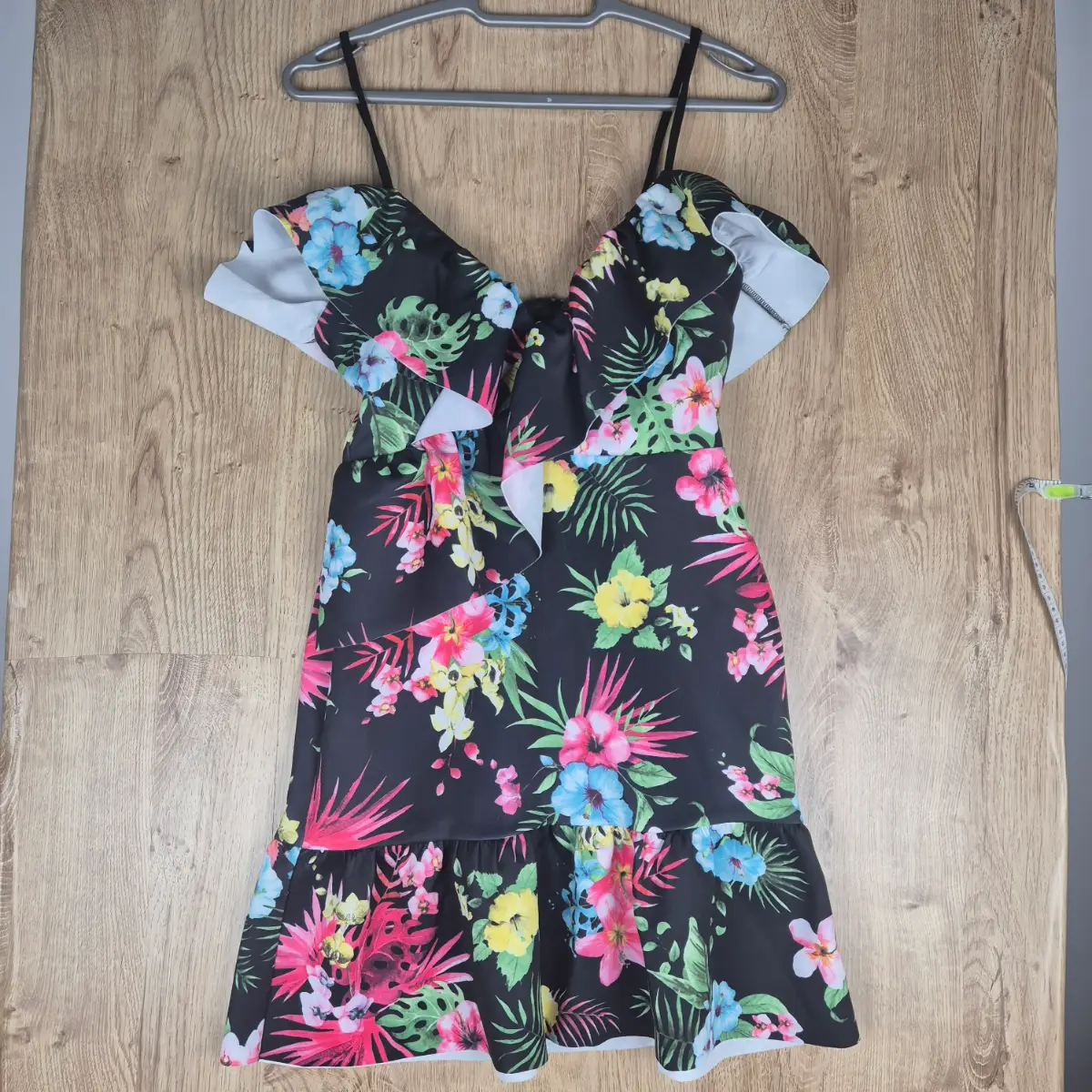 ASOS DESIGN Scuba Ruffle Mini Dress Tropical Floral Print Black Multi Size UK 10