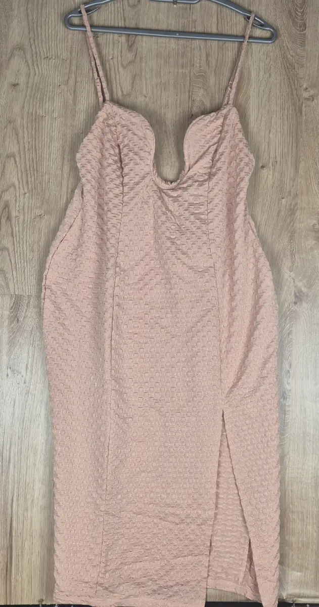ASOS Nude Pink V Bar Midi Dress Size 18 BNWT Textured Bodycon Thigh Split Party