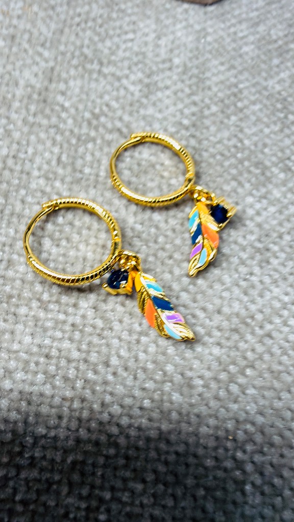 S925 - Gold Plated - Bohemian Multicoloured Feather Hoop Earrings
