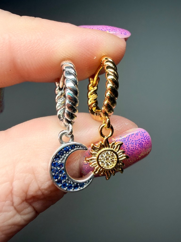 S925 - Gold Plated - Mismatched Celestial Sun & Moon Hoop Earrings
