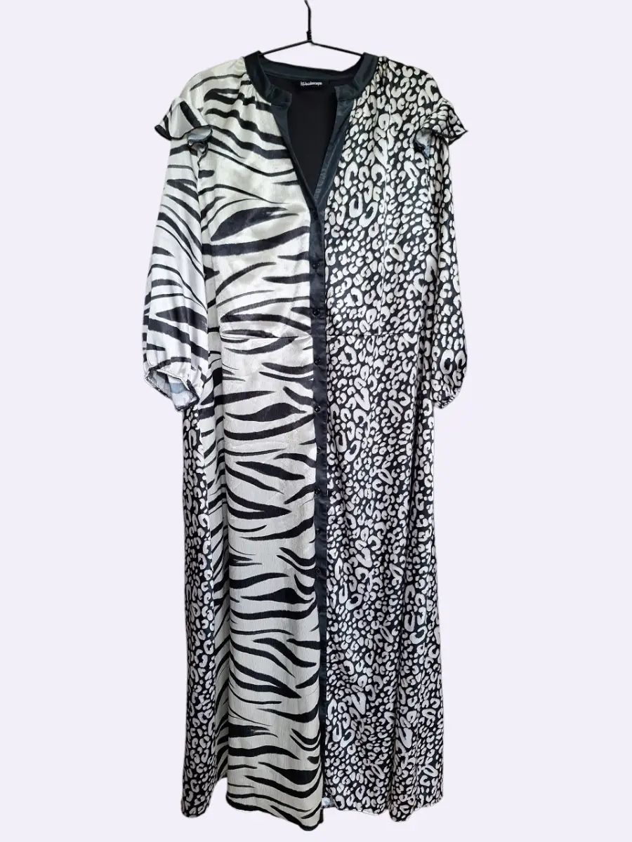 Kaleidoscope dark green silky leopard zebra patchwork print long dress size 18