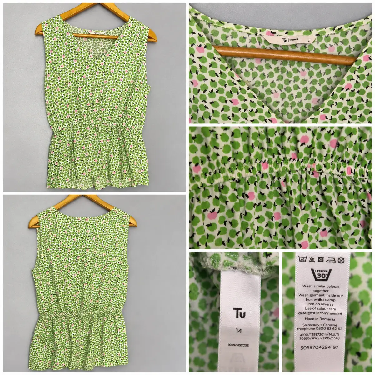 TU Woman Apple Print Peplum Sleeveless Top UK 14 Green Pink 100% Viscose