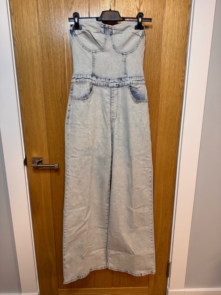 Strapless Denim Wide Leg Jumpsuit UK10 M Light Wash Bandeau Jeans