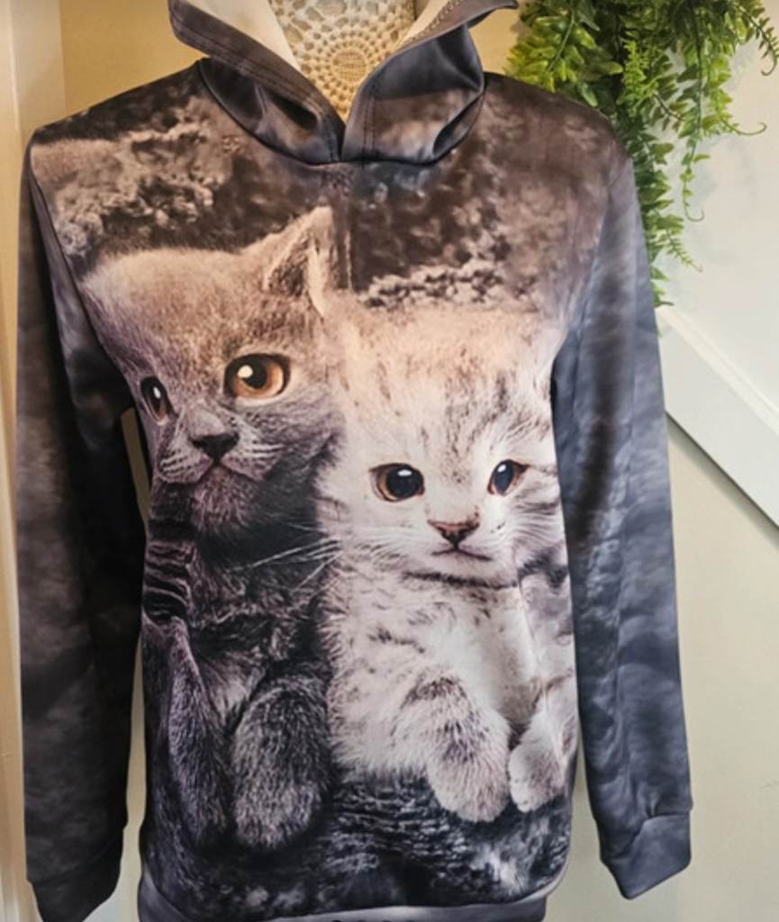 Cute Cat Print Hoodie Grey Kitten Sweatshirt Pullover Size small