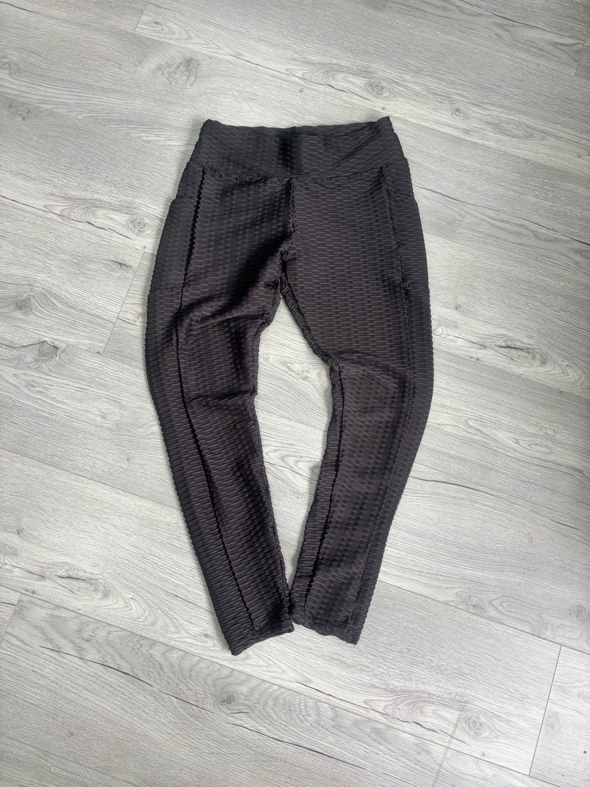 Black Textured Ribbed Leggings – XL – Stretch – Pockets