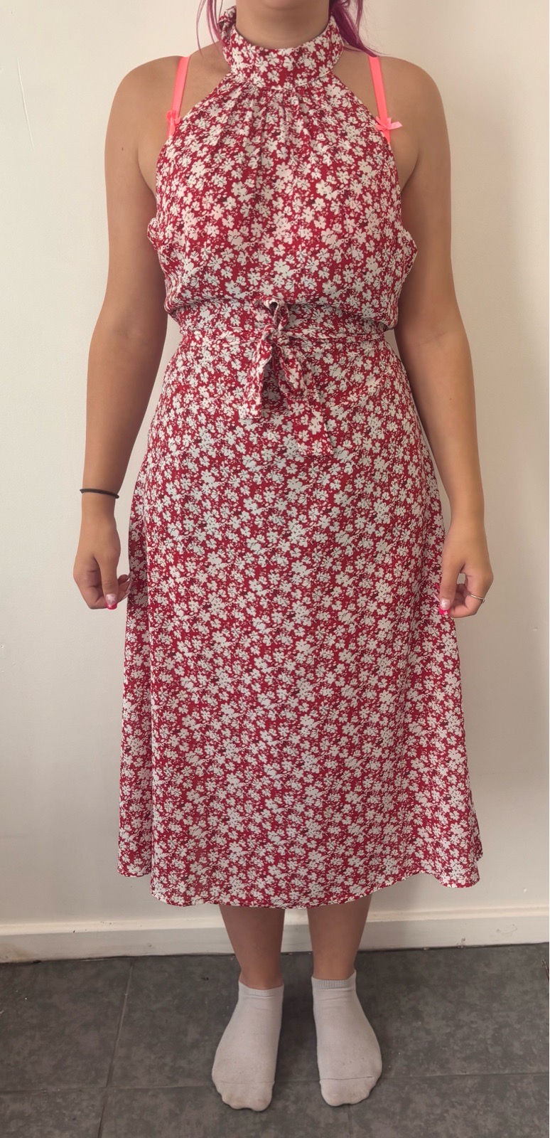 SHEIN Red Floral Halter Neck Tie Waist Midi Dress M