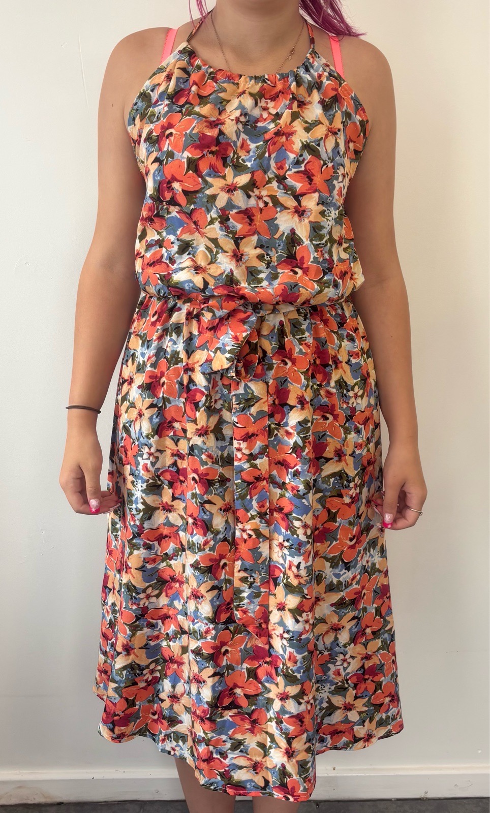 SHEIN Floral Halter Neck Tie Waist Midi Dress Size M