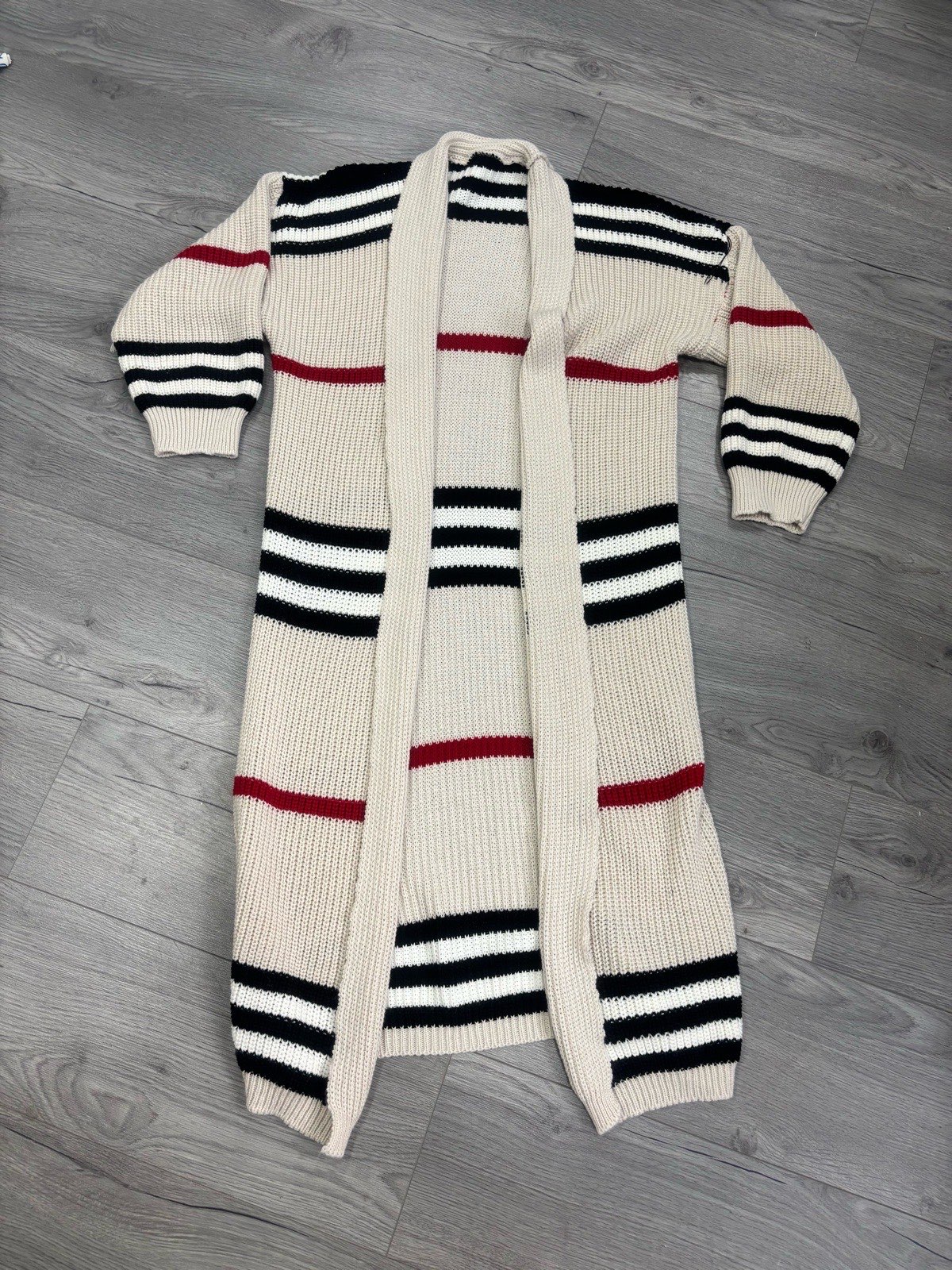 Chunky Knit Longline Cardigan Cream Black & Red Striped Oversized 14-16