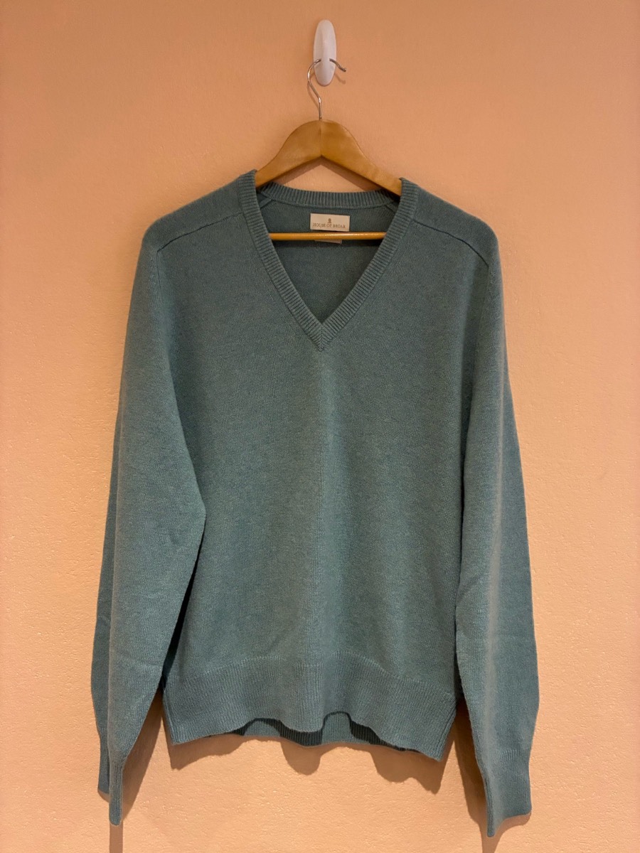 House Of Bruar Mens 100% Pure Cashmere Blue/Green V Neck Jumper Size Large