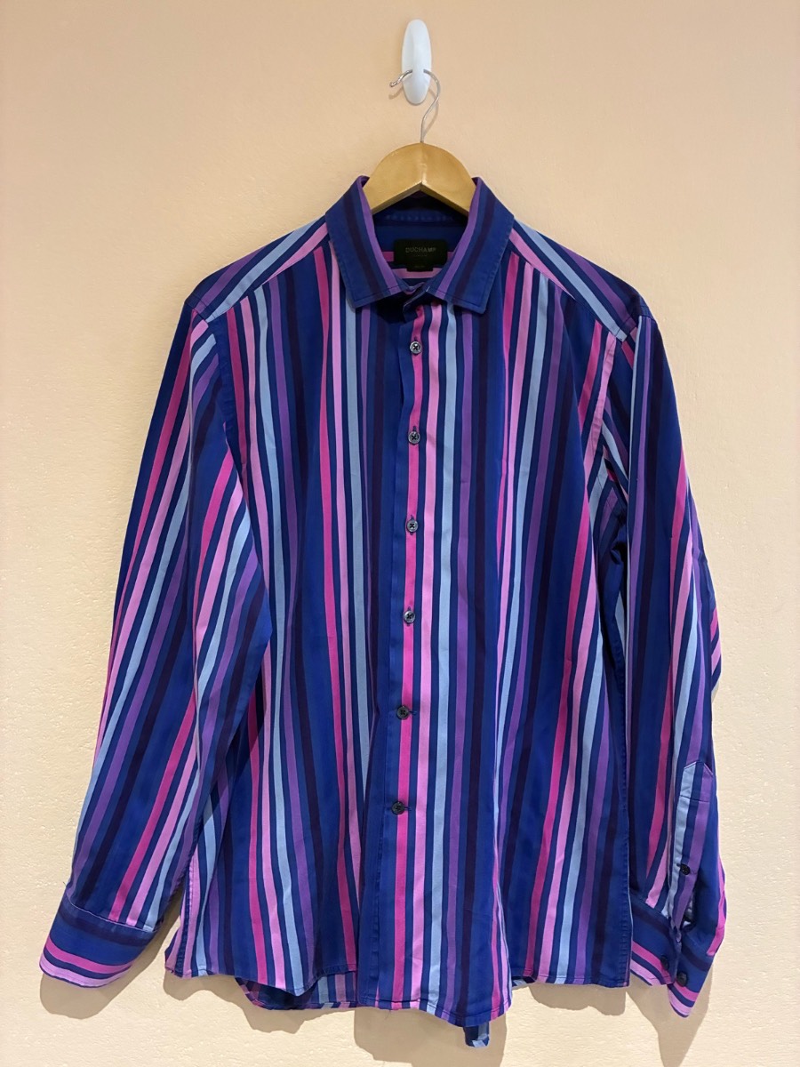 Duchamp London Mens Blue Multi Striped Slim Fit Ling Sleeved Shirt Size 17