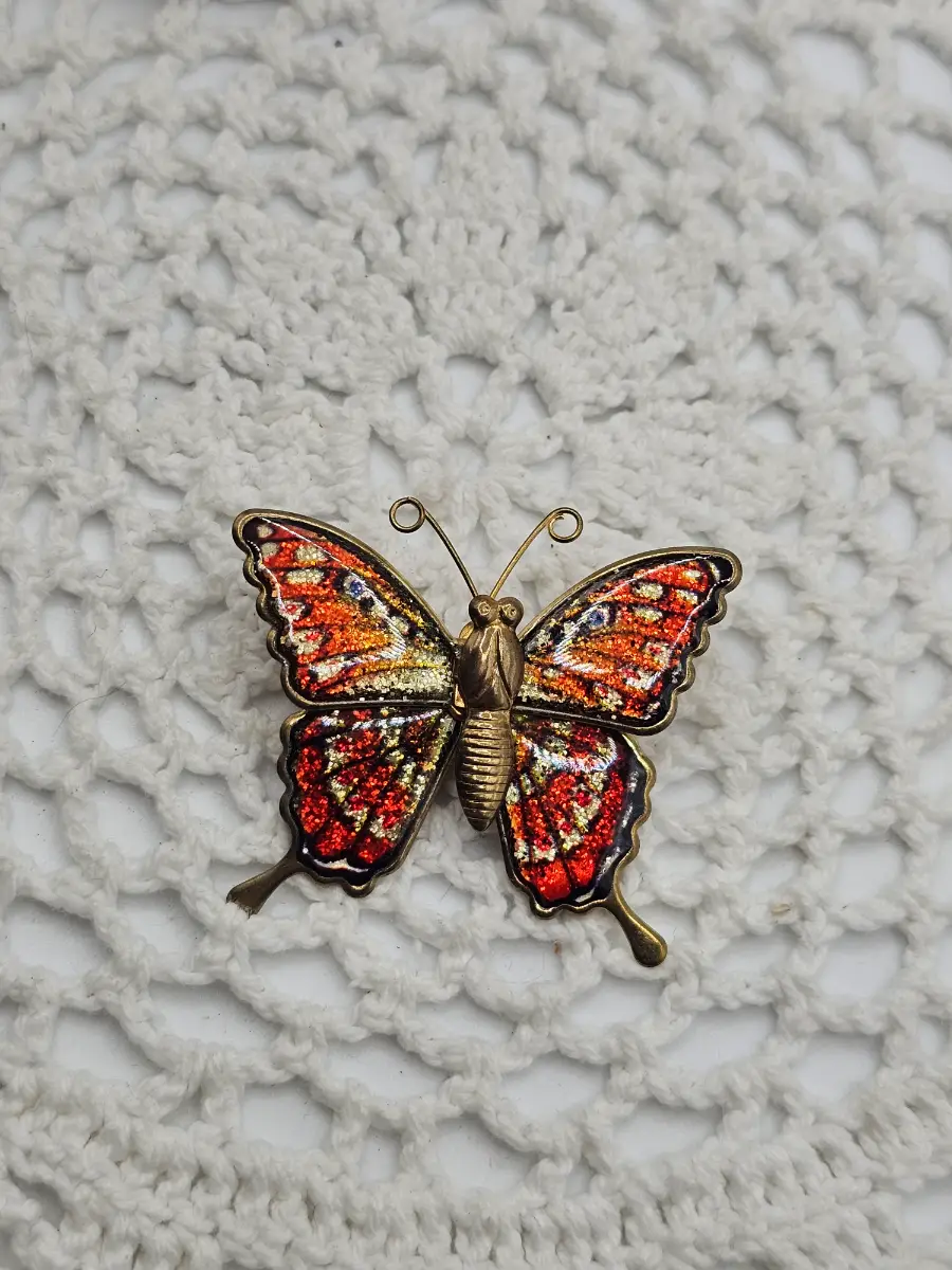 Vintage Butterfly Brooch Red Orange Enamel Gold Tone Sparkly Pin