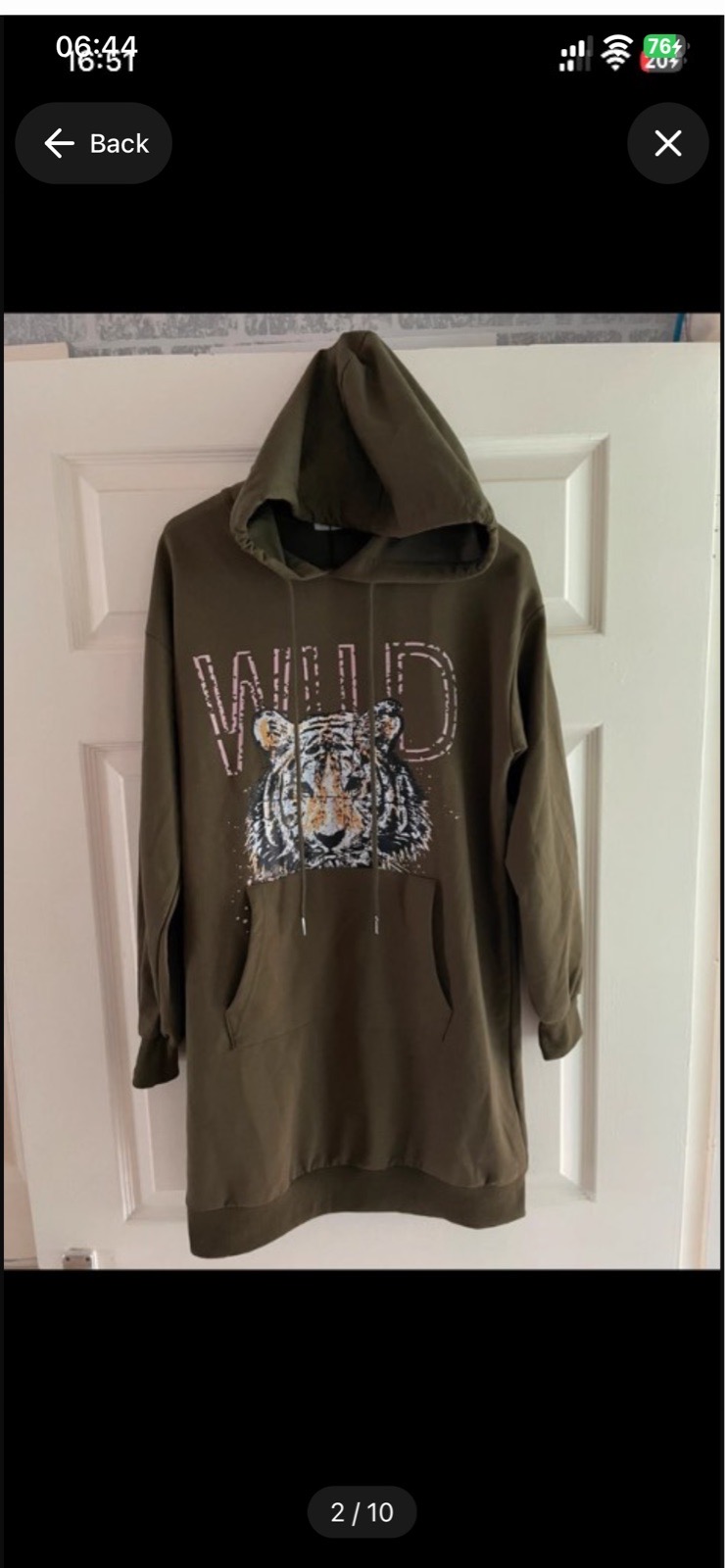 Tiger motif by Clara Paris long hoodie khaki in size S/M BNWT