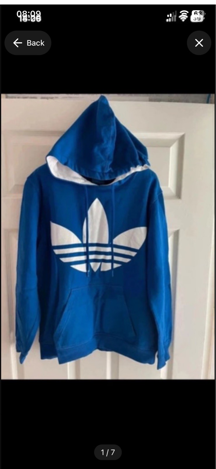 Men's Adidas Originals Trefoil Hoodie in blue with a white logo in size small
