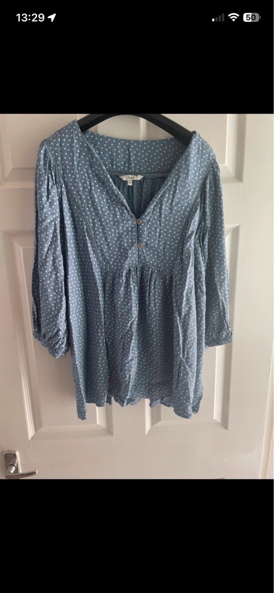 Next short sleeve top light blue with white polkadots in size 18
