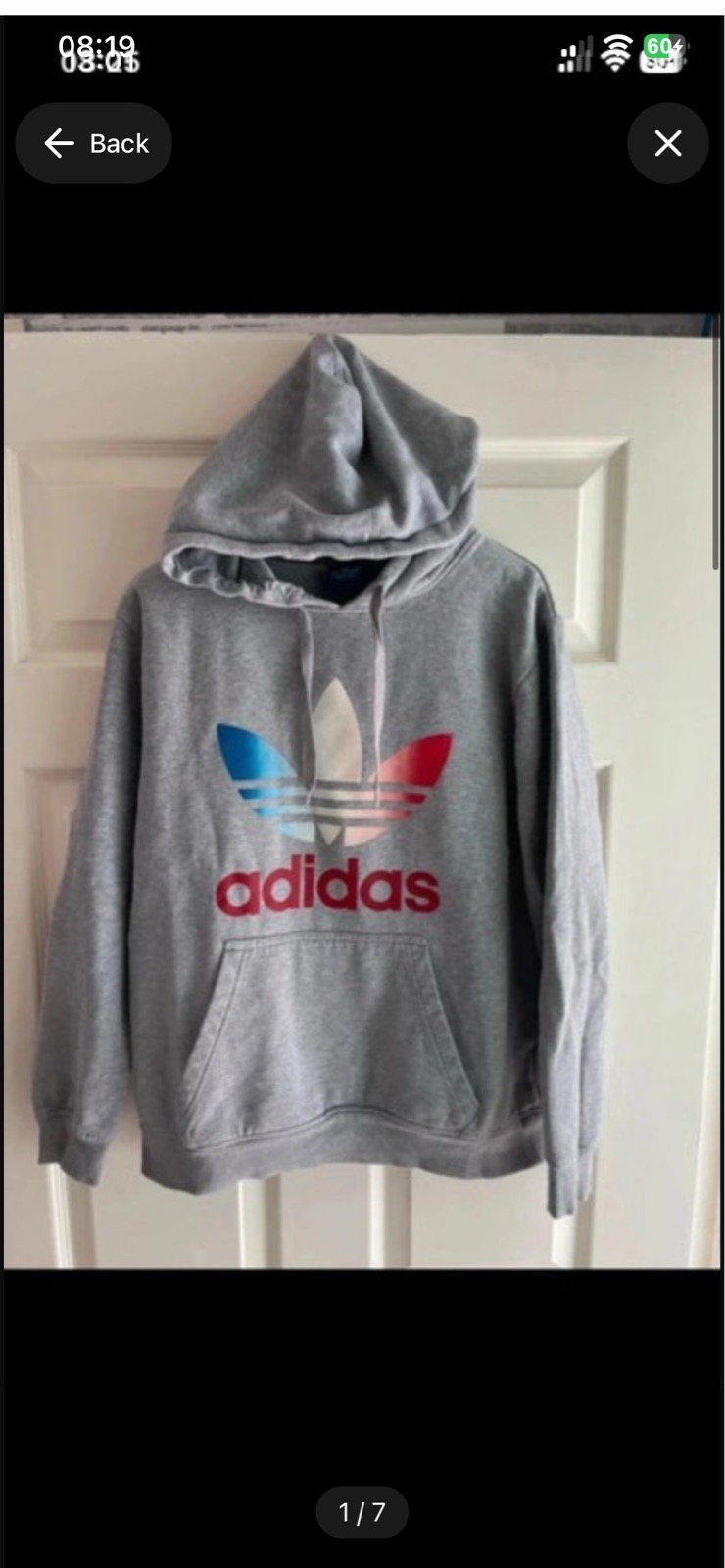 Mens Vintage Adidas grey Hoodie with big spell out logo in size small
