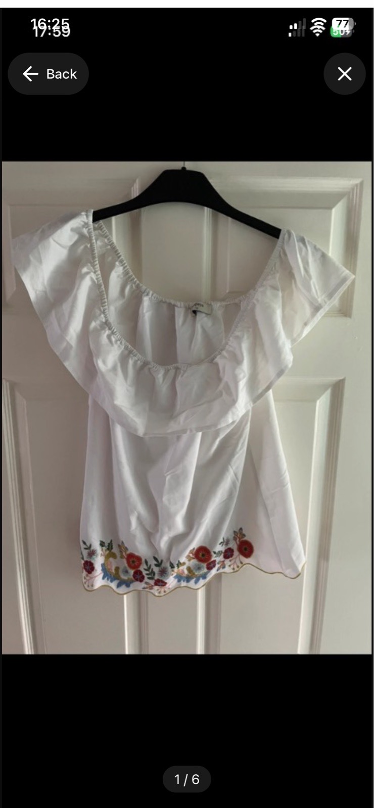 Papaya white off-the-shoulder peasant top with embroidered floral details in size 12