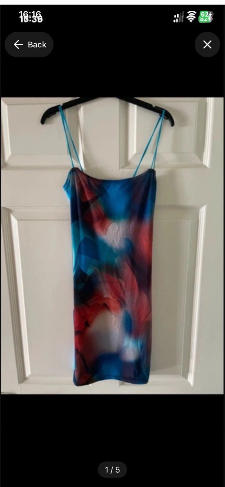 Pretty little thing, blue abstract slinky double spaghetti strap body con dress in size 4