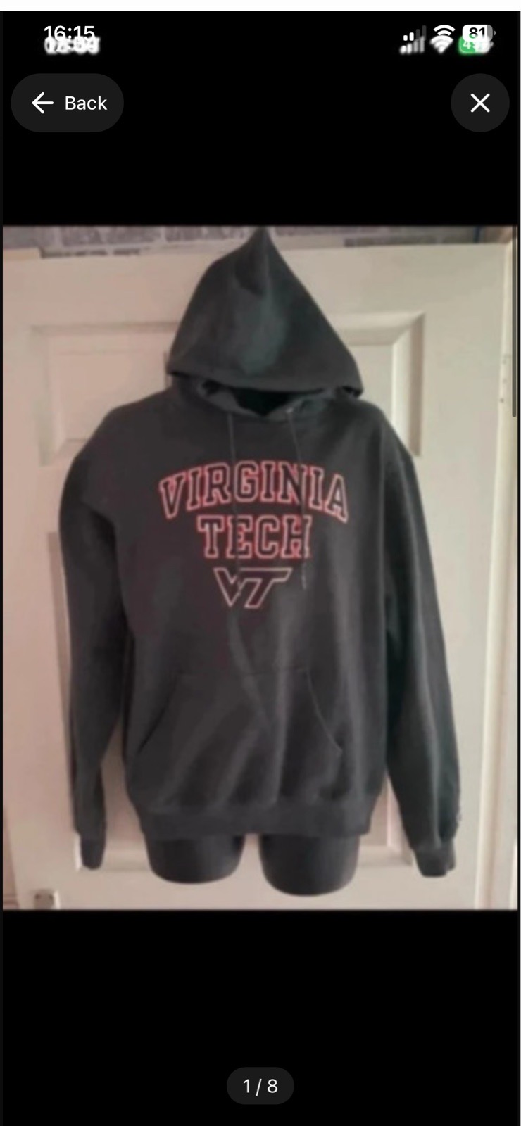 Men's vintage champion Virginia tech Hokies arch hoodie in dark grey with print logo in size medium