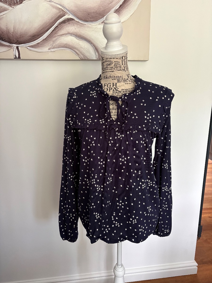 Joules NWOT Size 12 Long Sleeve Frilled Jersey Tie neck Top/TShirt Navy/White Spot