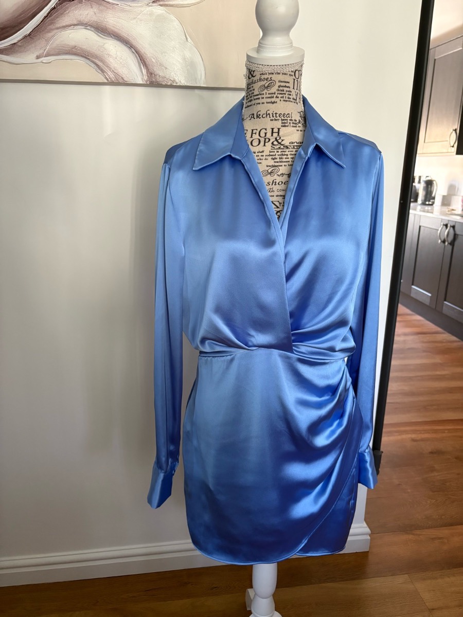 Zara Size L (12) Occasion/ Wedding Blue Satin Shirt Dress Ruched Skirt Collared Long Sleeve Blue